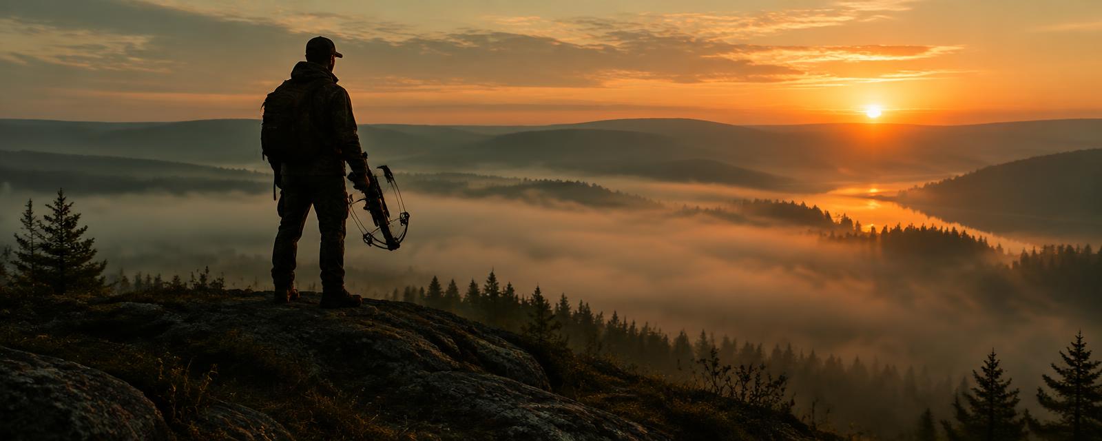 Hunter silhouette with a crossbow on a ridge at sunrise