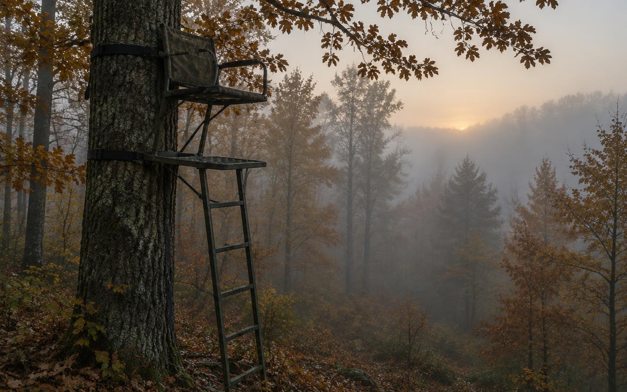 Empty tree stand in foggy autumn woods